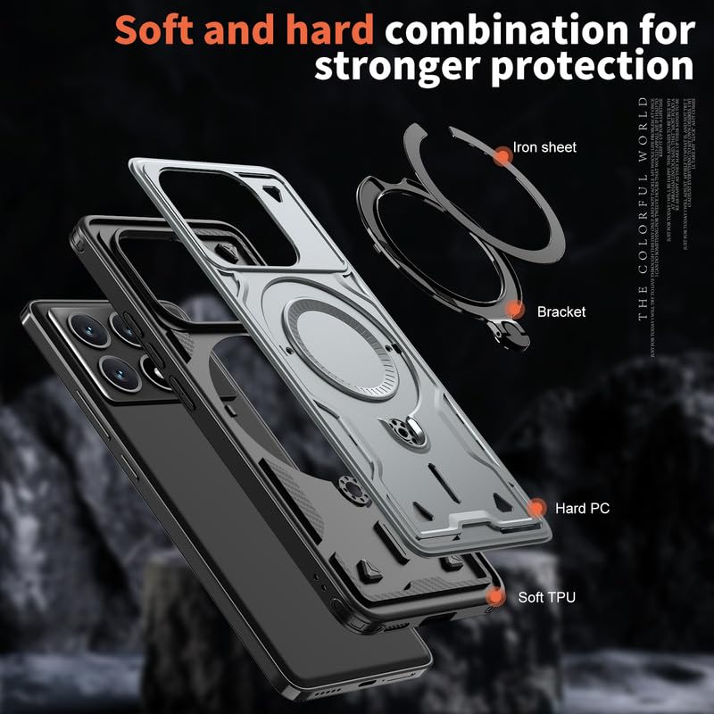 Image of Bumper Armor Shockpoof Case Compatible with Poco X6 Pro 5G, Magnetic Attraction Ring Holder Phone Cover and 360 Protection Rotate Stand Case Cover for Poco X6 Pro 5G - Silver