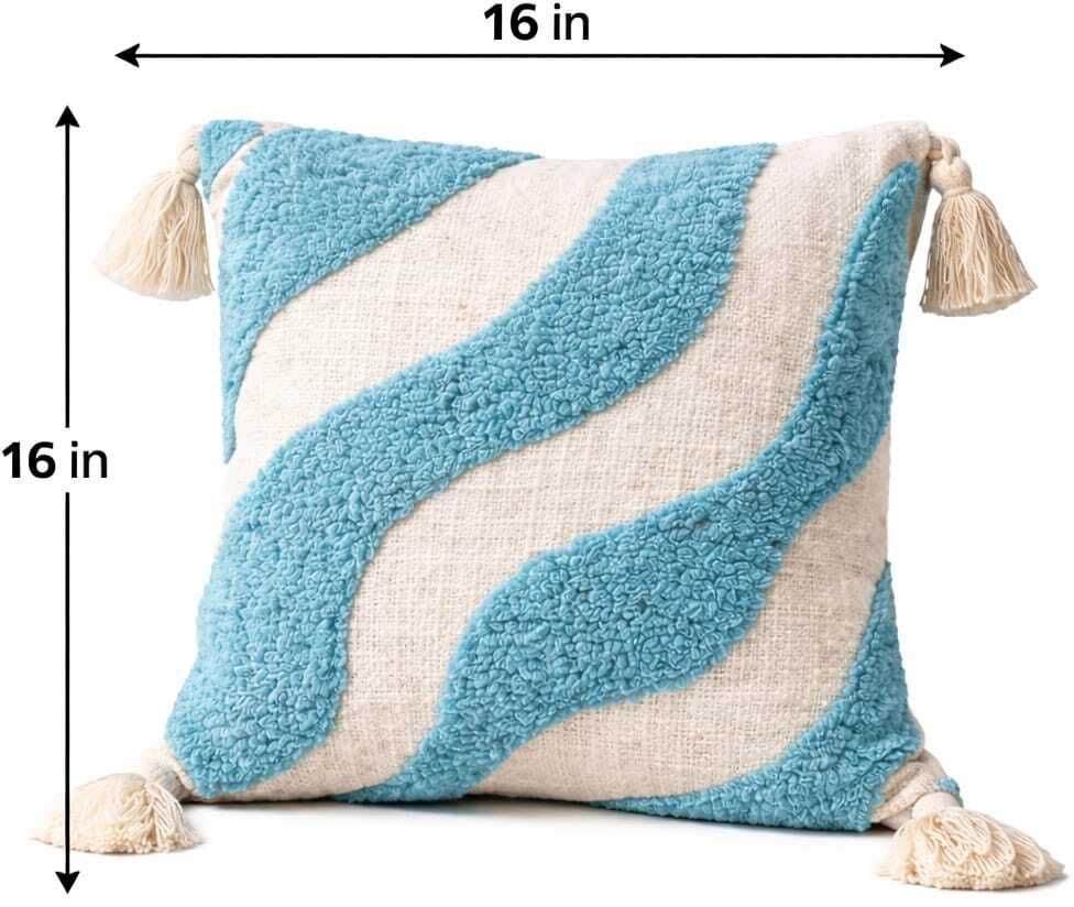 Image of Cushion Cover Pack of 3 (16x16 Inches) | Cotton Textured Decorative Throw Pillow Case for Sofa Bed Living Room Tufted Cushion Cover with Tassels (Blue & Off White)