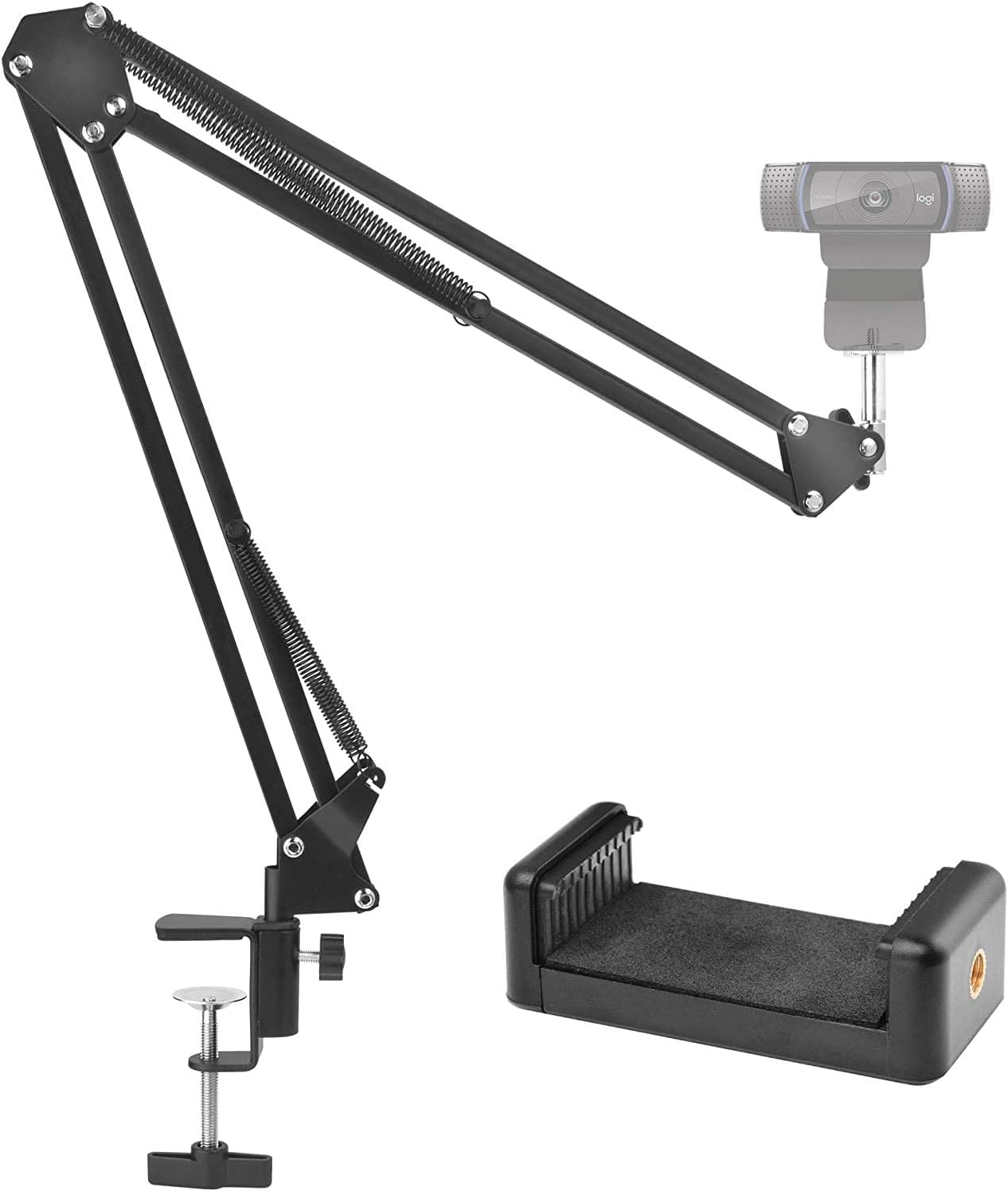 MILLETS Webcam Stand, 28" Webcam Camera Clamp Mount Adjustable Desktop Suspension Boom Scissor Tripod Stand Built-in 1/4" Screw Flexible Long Arm Swivel Holder with Mobile Clip Holder