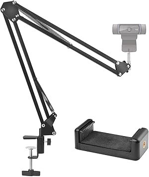 MILLETS Webcam Stand, 28" Webcam Camera Clamp Mount Adjustable Desktop Suspension Boom Scissor Tripod Stand Built-in 1/4" Screw Flexible Long Arm Swivel Holder with Mobile Clip Holder