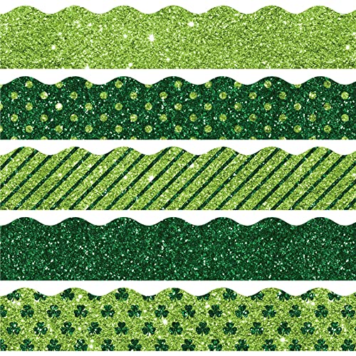Image of Whaline 69 Ft St. Patrick's Day Glitter Bulletin Board Borders 5 Designs Shine Green Shamrock Clover Stripe Dot Border Trim Bulletin Board Stickers for Classroom Office Irish Party Decor