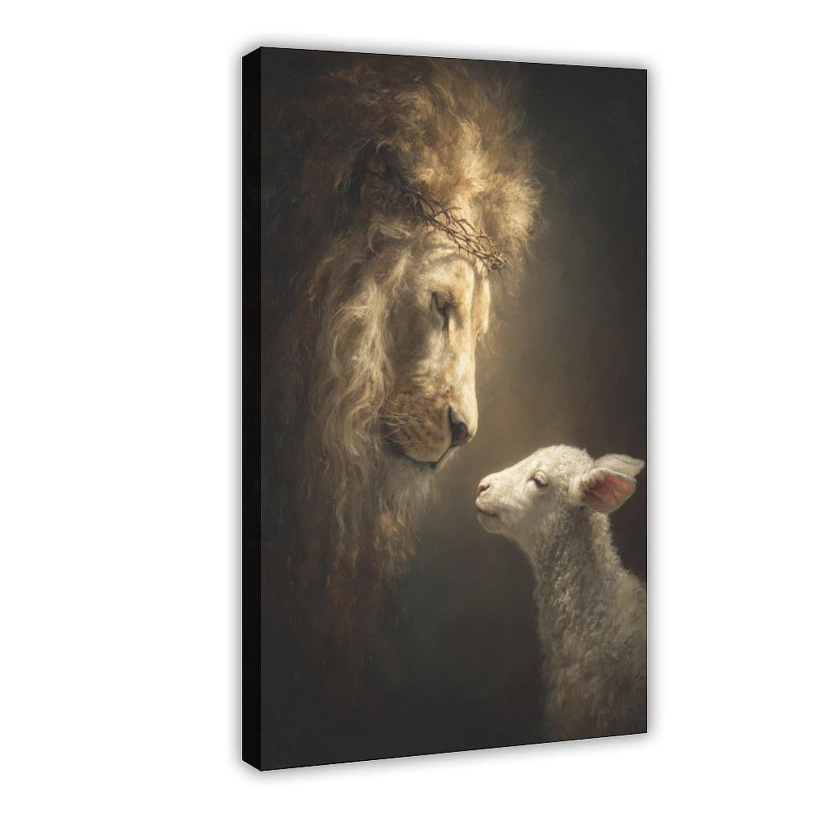 Qnvjqkdsi Frame Majestic Lion With Crown Of Thorns And Innocent Lamb, Inspirational Animal Portrait Canvas Poster Bedroom Decor Landscape Office Room Decor Gift 24" L X 36" W