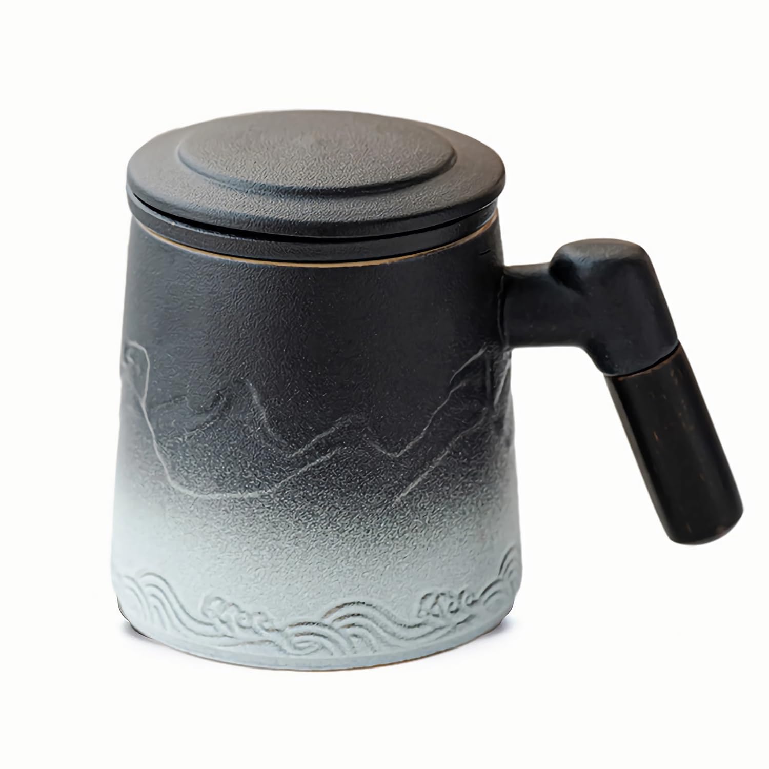 Taza de Té Con Colador y Tapa - Cerámica Mate 360 ml, Patrón en Relieve Gradiente, Mango de Madera - Regalo Para Amantes del Té, Blanco y Negro