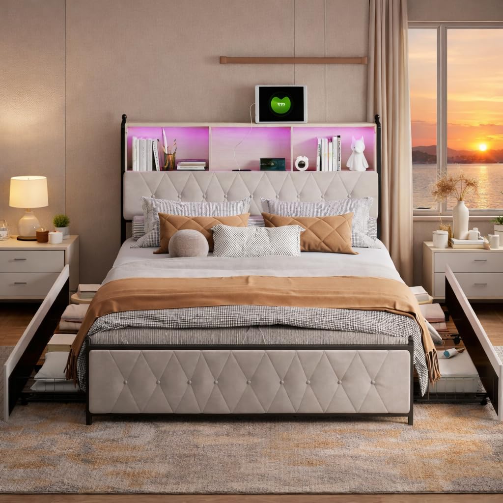 Polsterbett 180x200 cm, Doppelbett mit 4 Schubladen, Stauraumbett 180x200 mit Bettkasten und Lattenrost, Staufach-Kopfteil mit LED und USB Ladestation,Jugendbett Samt Beige, Ohne Matratze