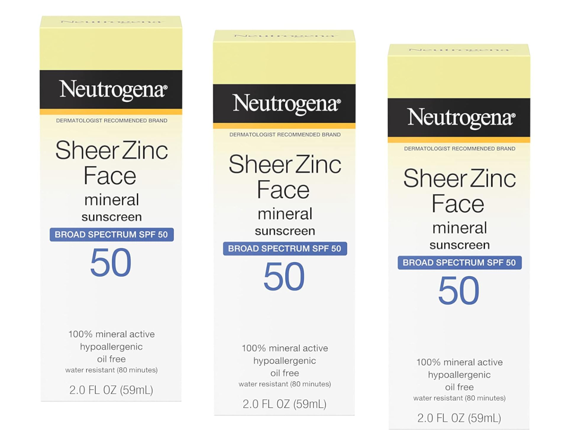 Neutrogena Sheer Zinc Dry-Touch SPF 50 Face Sunscreen, 2 Fluid Ounce -Pack of 3 (Package May Vary)