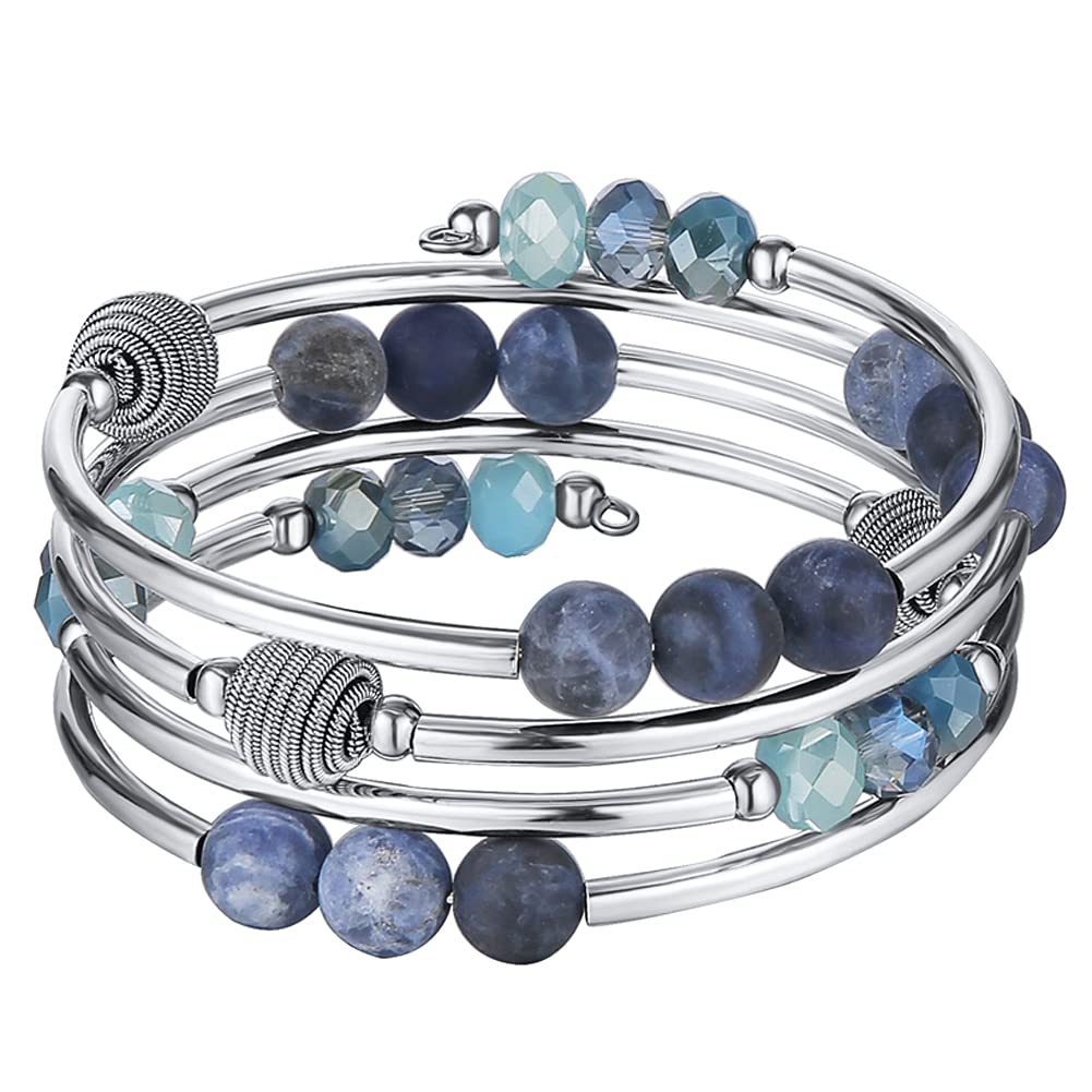 PEARL&CLUB Bead Crystal Wrap Bangle Bracelet - Fashion Jewelry Beaded Bracelet with Silver Metal, Gifts for Women