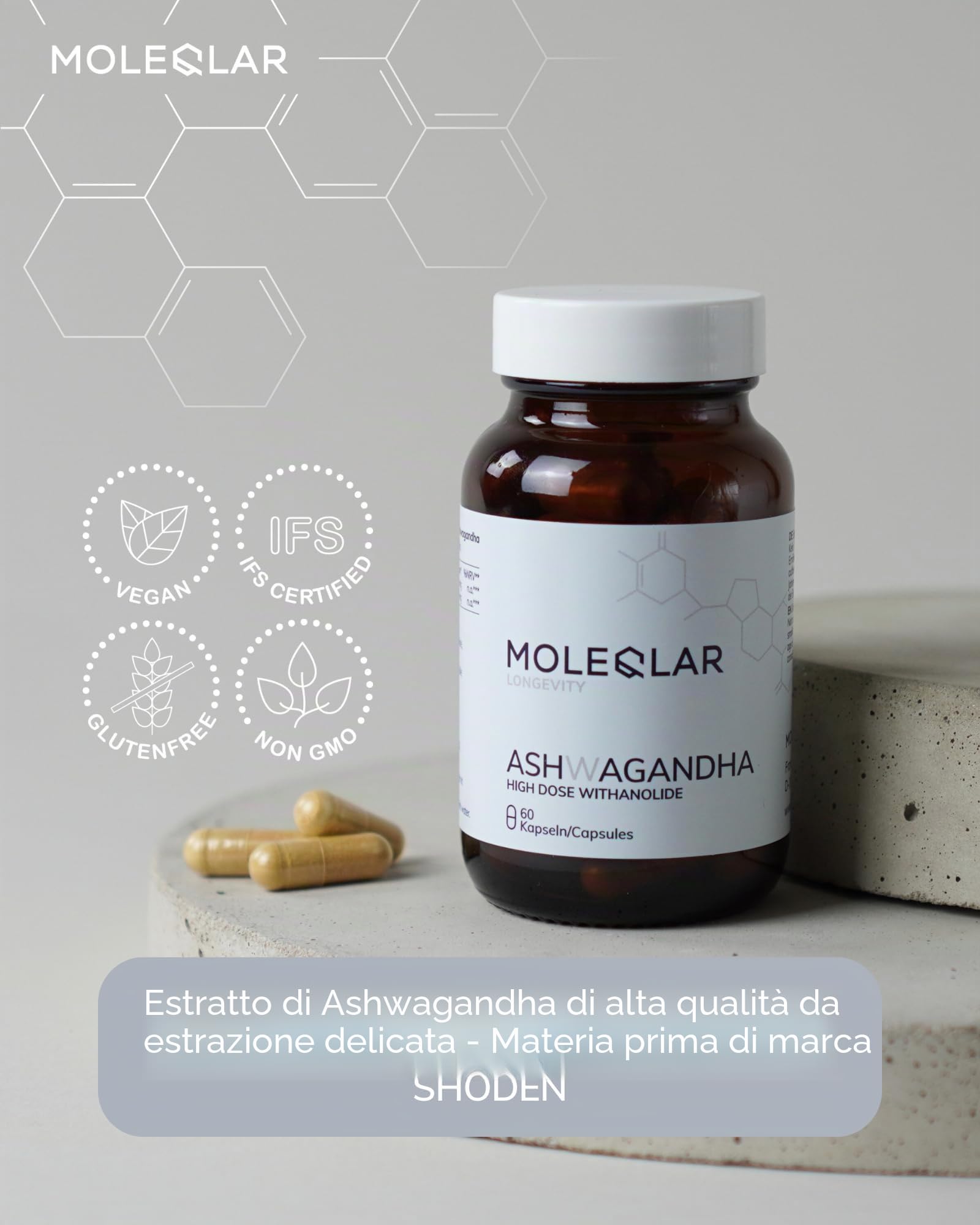MoleQlar Ashwagandha SHODEN 60 capsule - 300 mg, 35% withanolides, purezza e metalli pesanti controllati