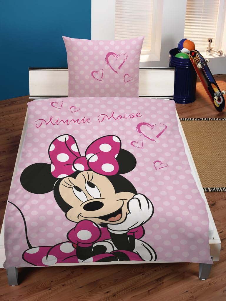 Disney Minnie Mouse biancheria da letto 80 x 80 + 135 x 200 cm, 100% cotone con chiusura lampo