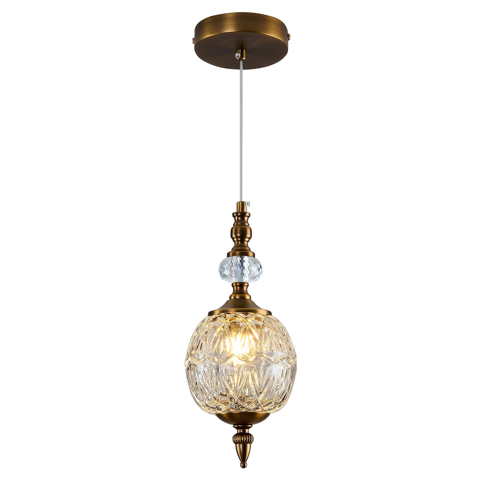 Photo 1 of Piepooye Vintage Glass Pendant Light Antique Brushed Gold Chandelier 4.72" Mini Adjustable Hanging Ceiling Light Fixture for Kitchen Island Farmhouse Dining Room Bedroom Foyer Entryway