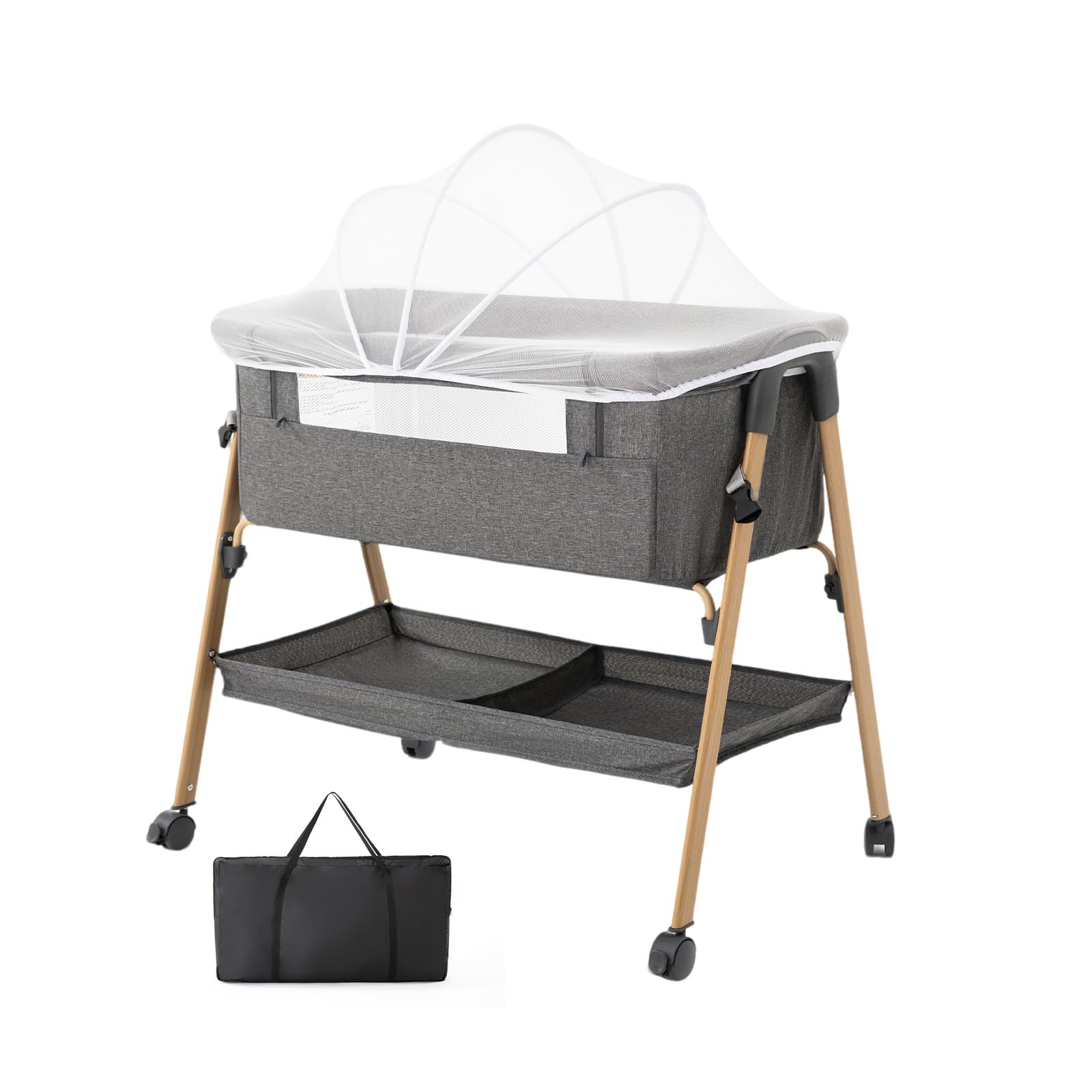 Cuna 2 En 1 Cuna Bebe, Cuna Colecho O Cuna De Viaje-Capazo Portátil con Colchón, Mosquitera, Bolsa, Ruedas con Freno Y Correas-para 0-6 Meses/hasta 9 Kg-Gris Oscuro