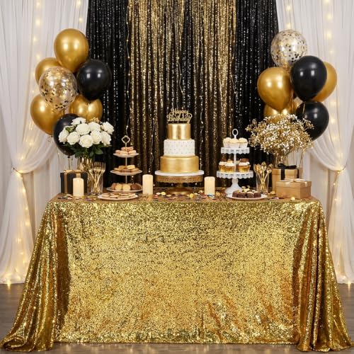 Image of Black Gold Sequin Tablecloth 60x102 Inch Sequin Rectangle Table Fabrics | Head Table Centerpieces for Valentines Cake Dessert Exhibition Party Birthday Events Banquet