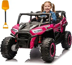 POSTACK 24V 2 Seater Ride On Car with Remote Control, 4WD Ride On Toys for Big Kids, 4x4 Battery Powered Electric UTV for Boys Girls, Off Road Truck with 3 Speeds Bluetooth, Pink