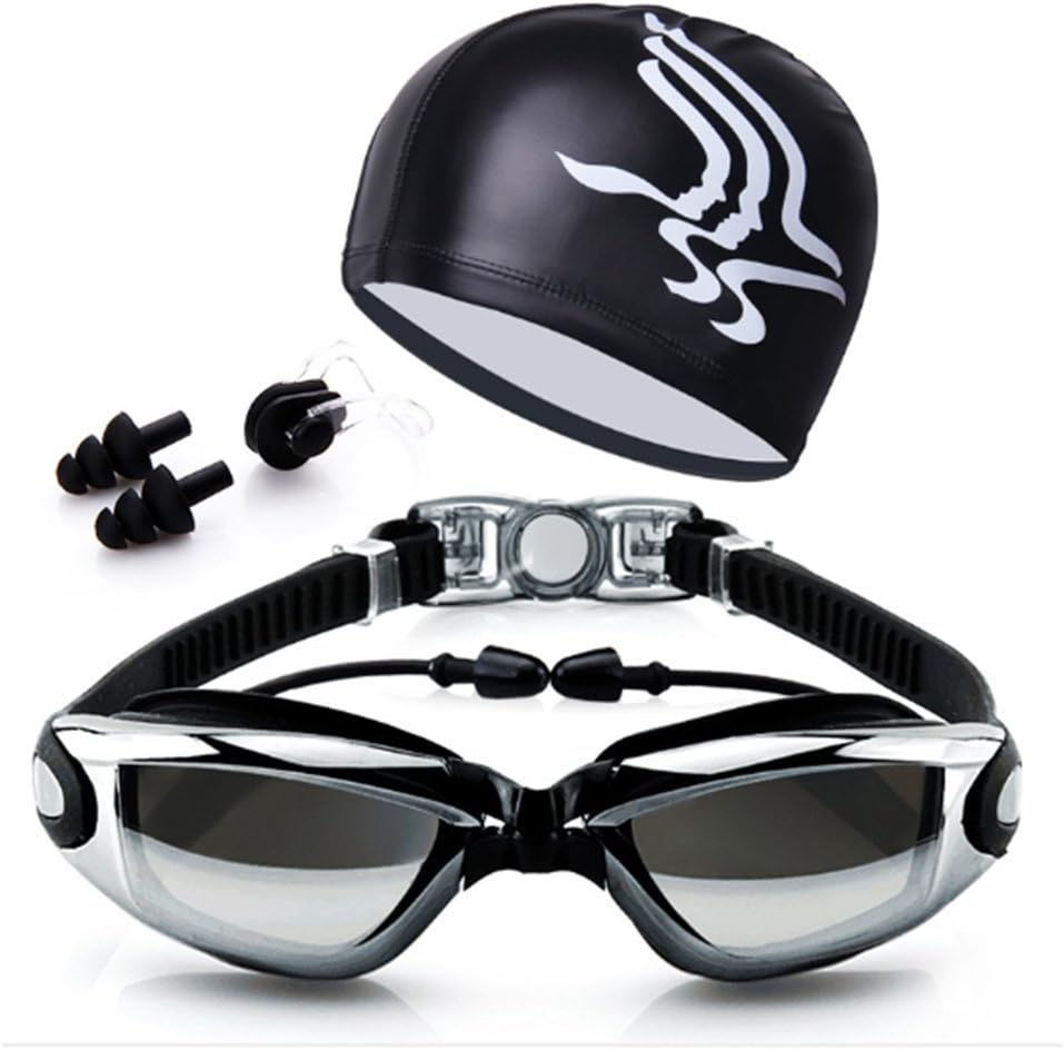 Swimming Goggles Set Swimming cap, Watertight Comfortable Anti-UV Shatter-proof Adjustable Complete Accessory swim hat+Earplug+ Nose Clip+Protective Box-black