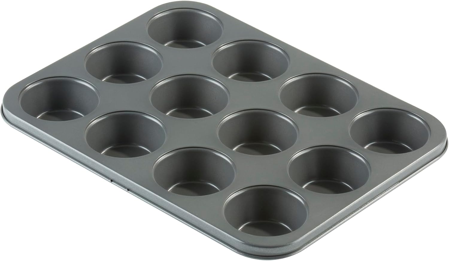 KB1003 Teflon Non-Stick Premium Coated 12 Cup Tray/Tin-Length 35cm x Width 27cm Carbon Steel for Muffins or Cupcakes-Silver, Black, 35 x 27 x 3cm
