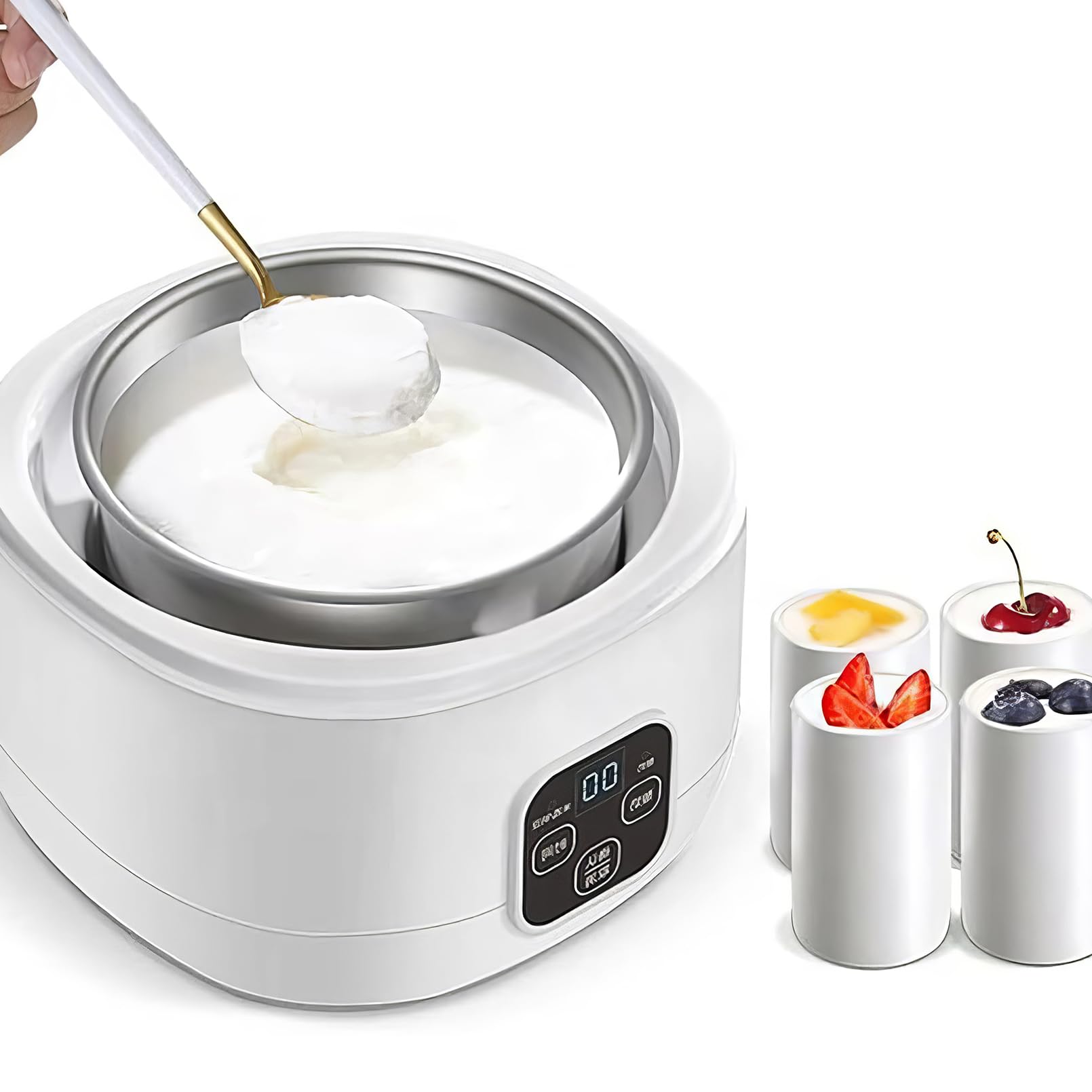 Yogurt Maker, fermentatore automatico da 1 l con controllo della temperatura e del tempo regolabili, fodera in acciaio inossidabile e 4 tazze in ceramica per yogurt fresco fatto in casa