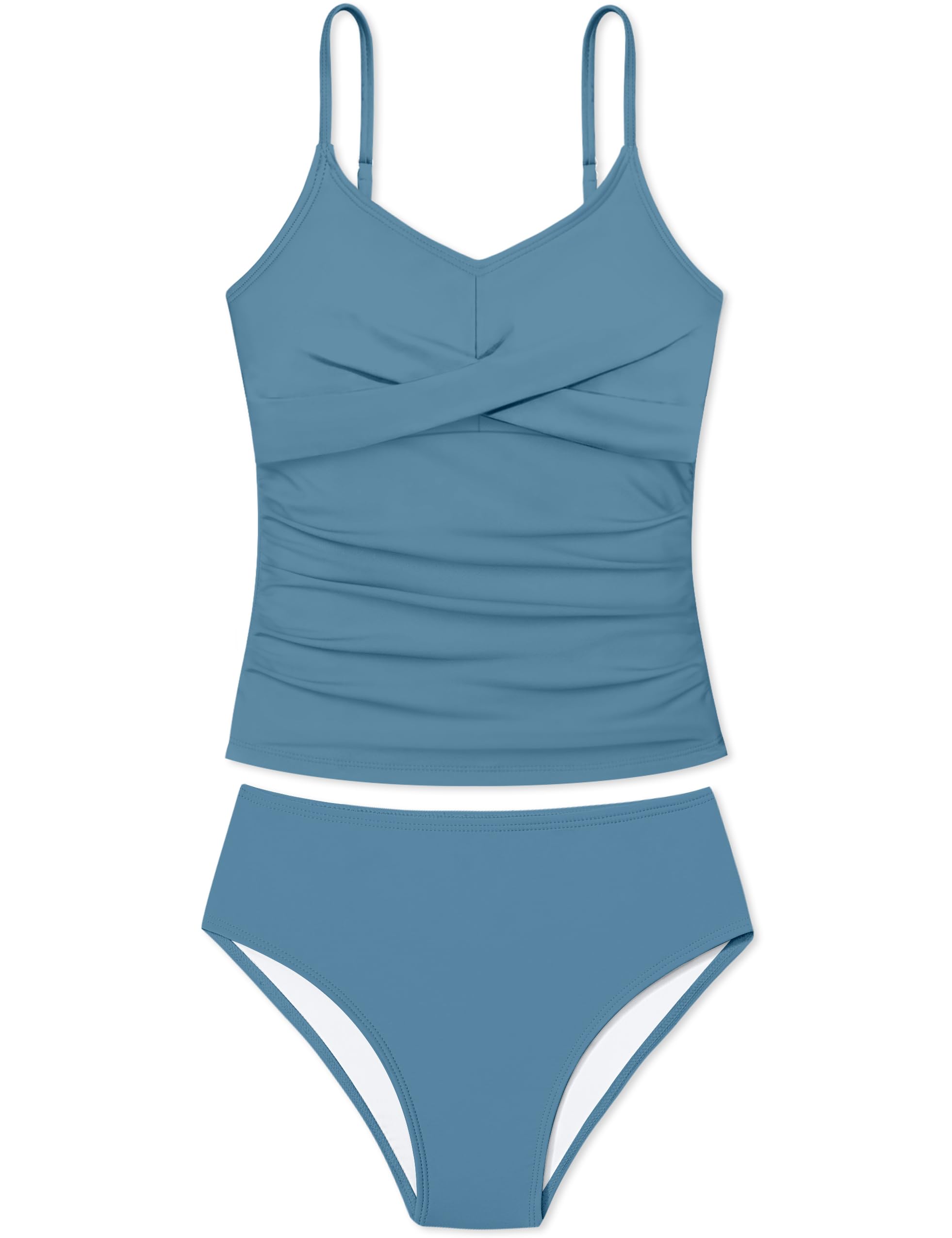 Girls Swimsuit 2 Piece Bathing Suit Criss Cross Ruched Girl Tankini Sets Printed Girls' Swimwear for 9-18 Years