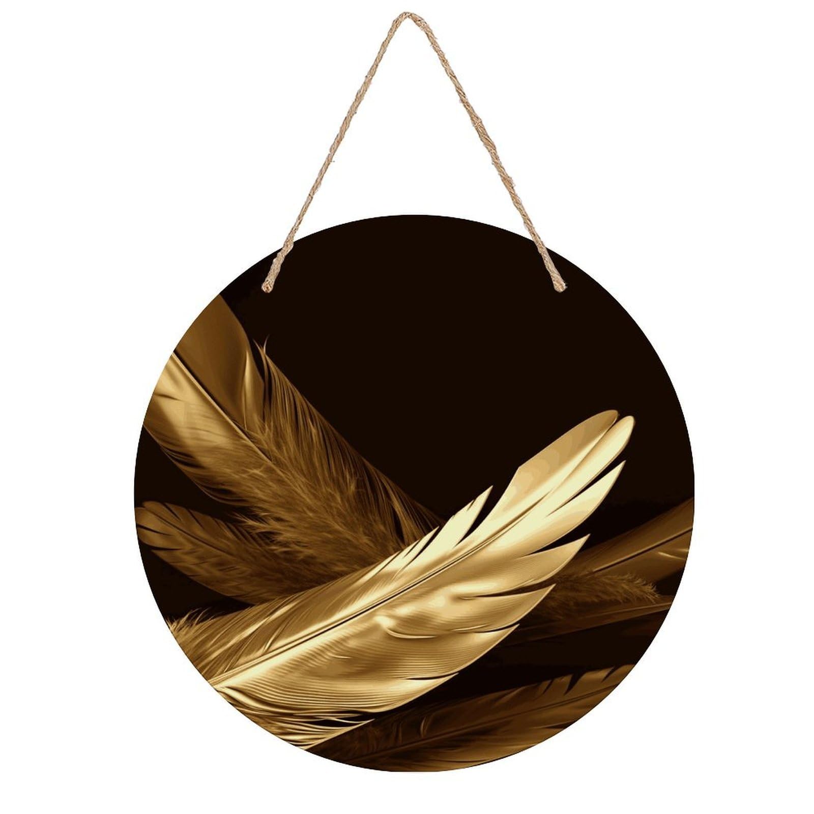 FekiLoot Golden Feathers Wall Art Decor Round Wood Hanging Sign Decoration Wooden Circle Door Sign Round Hanging Decorative Wood Plaque Door Hanger for Home Outdoor Indoor Decoration