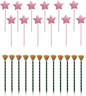 24PCS Wicked Party Favors 12 Witch Broom Pens & 12 Sparkling Pink Star Striped Ballpoint Pens Magical Wicked Merch for Halloween Gifts, Birthday Party Decorations