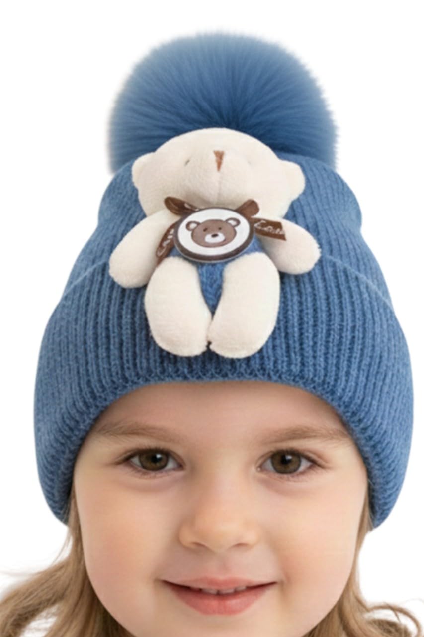 Boys & Girls Knitted Beanie Winter Cap with Teddy Bear Face & Pom-Pom (Blue, Acrylic) | 6 Month to 3 Years Boys & Girls Knitted Beanie Winter Cap with Teddy Bear Face & Pom-Pom (Blue, Acrylic) | 6 Month to 3 Years
