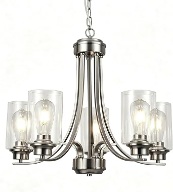 BOZO 5 Light Brushed Nickel Chandeliers Modern Dining Room Light Fixtures Traditional Chandelier with Clear Glass Shade Ceiling Hanging Foyer Pendant Lighting