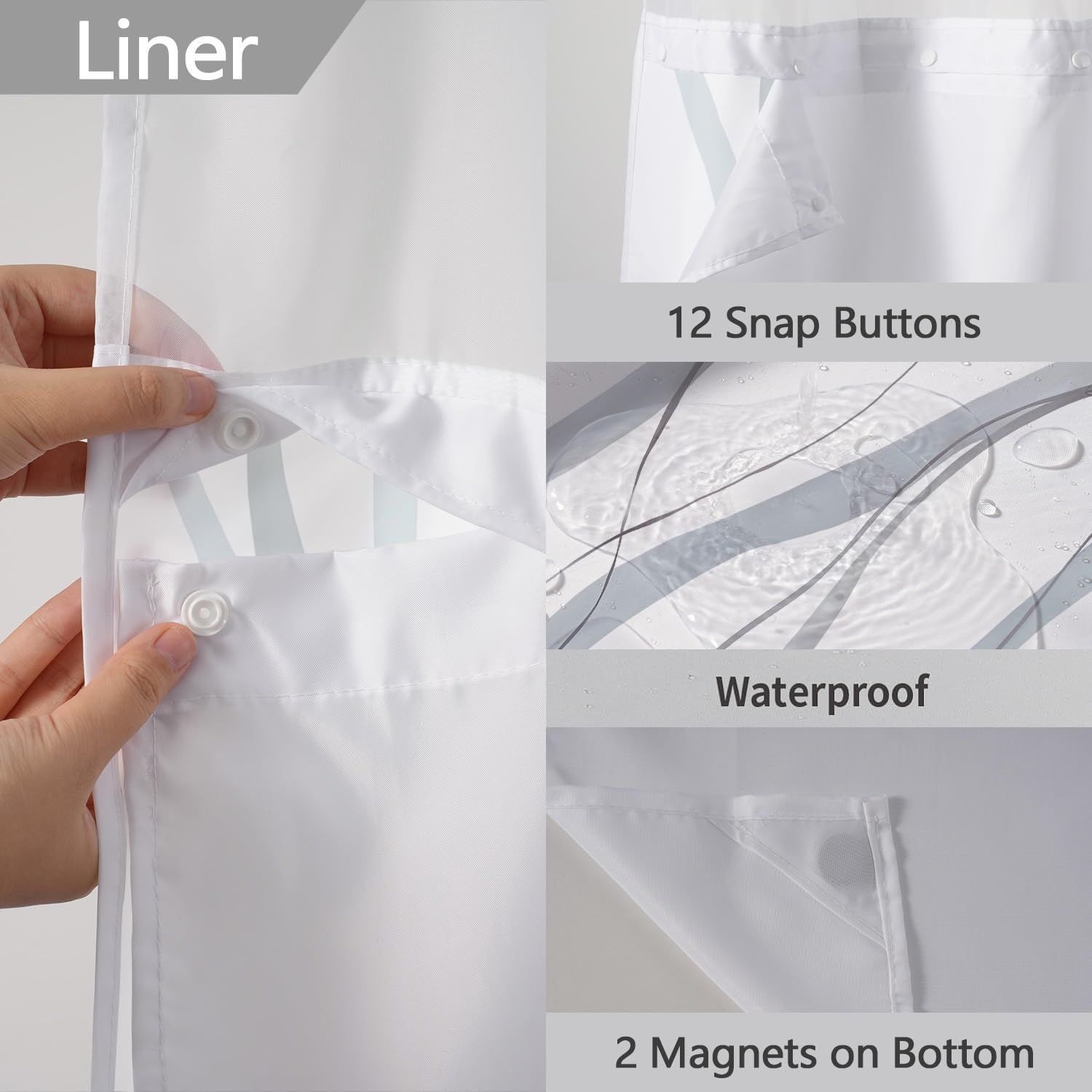 No Hook Shower Curtain with Snap in Liner Set, Grey and White Striped Design, Waterproof Washable Fabric Hotel Shower Curtains for Bathroom Decor with See Through Mesh Top Window 71x74 Inch thumbnail