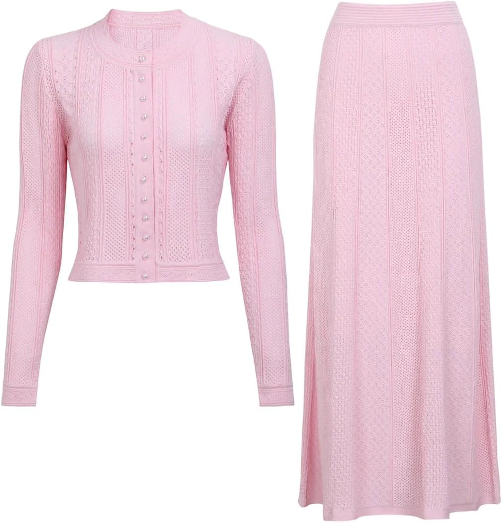 Women Fashionable Long Sleeved Knitted Top Cardigan Body Long Skirt Set