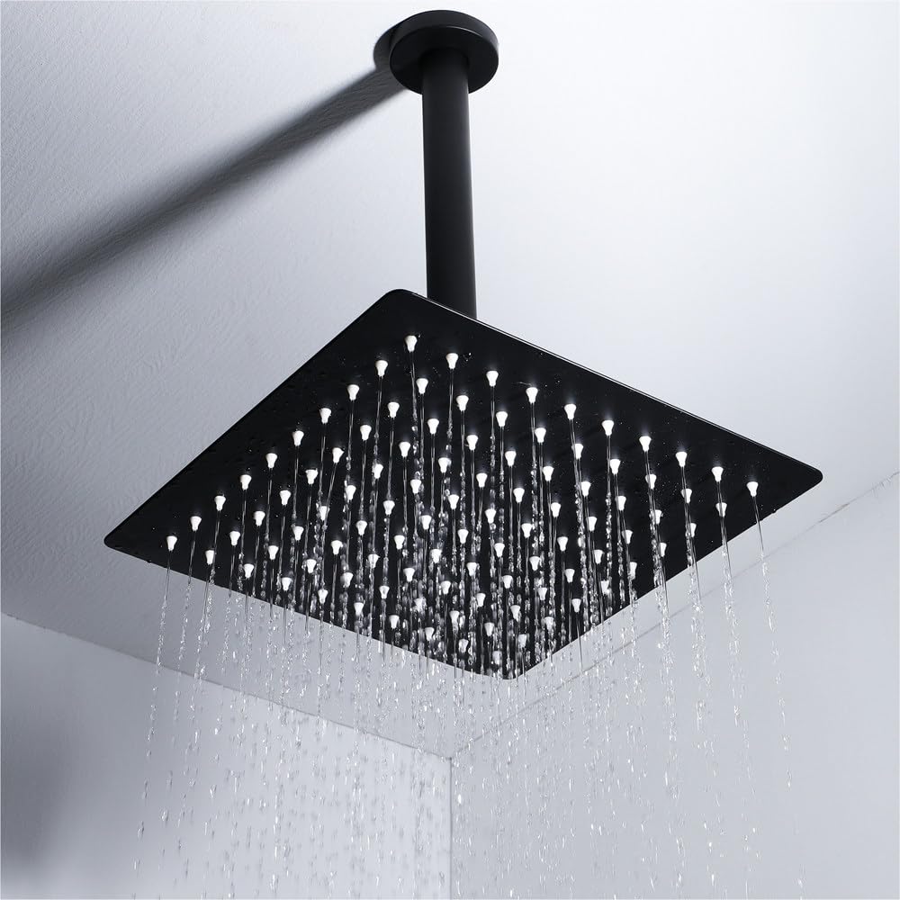 Cabezal de Ducha Lluvia Negro, Rociador de Ducha con Brazo 28 CM para Montaje en Techo, Acero Inoxidable, Ultrafino, Boquillas de Silicona, para Baño, SPA y Hotel