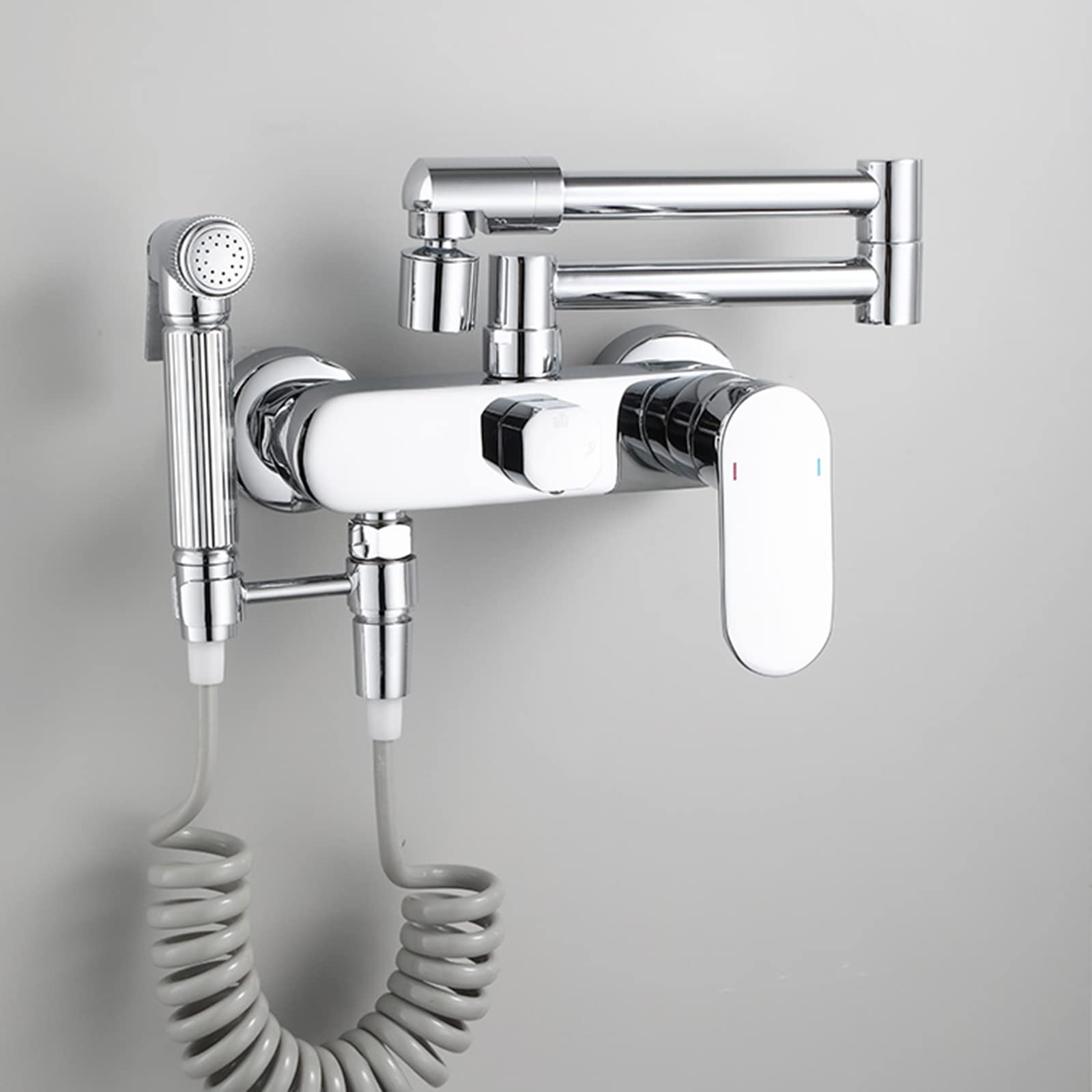 Robinet de cuisine pliant mural noir en laiton avec pistolet de pulvérisation eau chaude et froide
