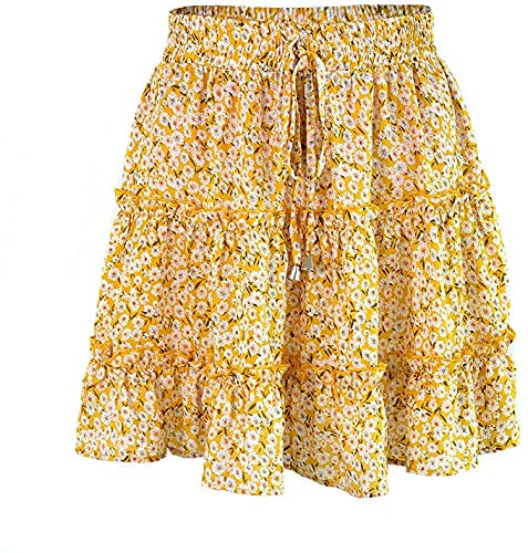 Bestsmile Saia feminina verão casual boêmio cintura alta babado estampa floral saia curta praia (Yel