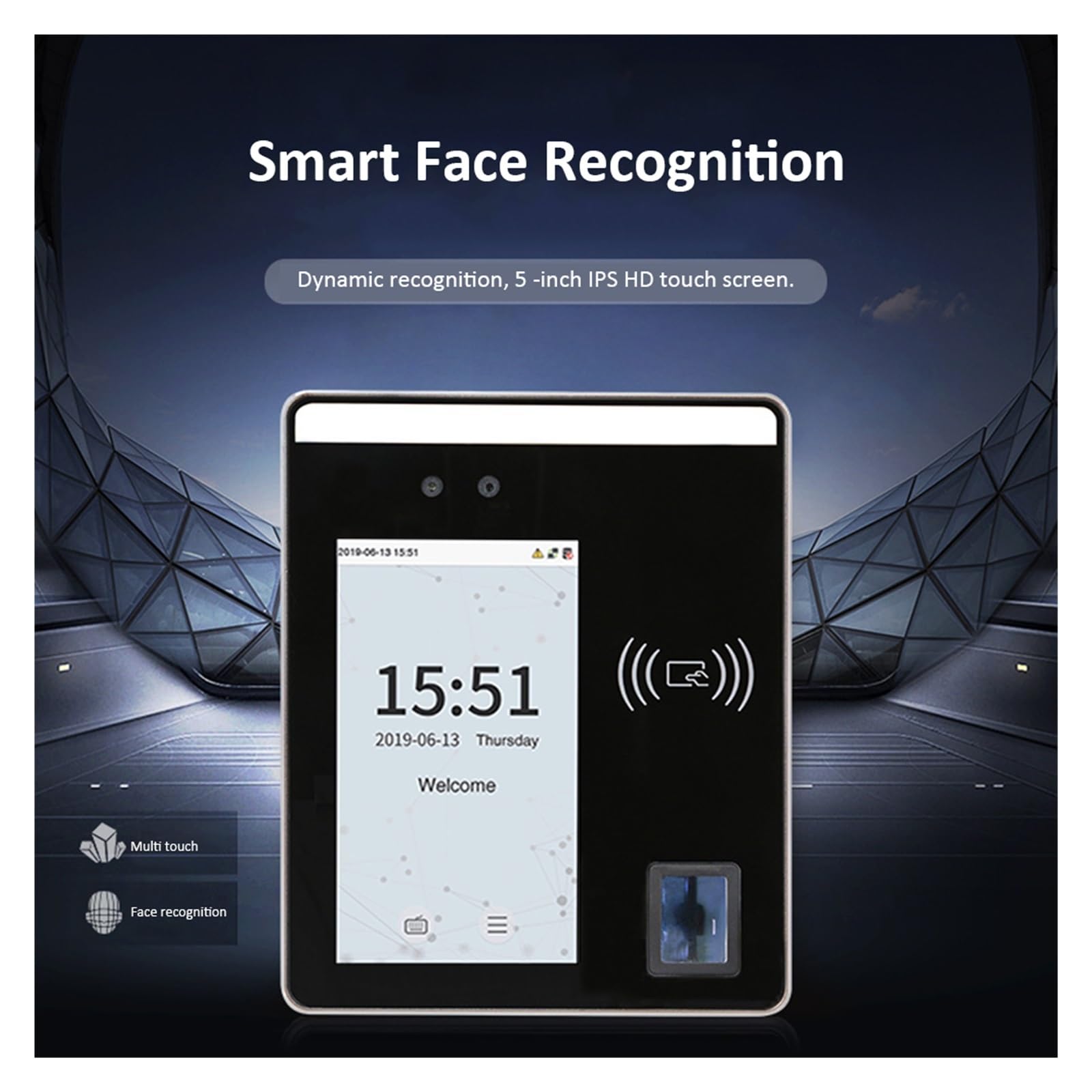 Máquina de Fichaje, ZK SpeedFace-H5L Luz Visible Reconocimiento biométrico de Huellas Dactilares de Control de Acceso con Tarjeta RFID y Tiempo de Asistencia(Speedface-H5L-ID,English_Plug)
