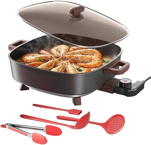 AORAN - Sartén eléctrica de 12 x 12 pulgadas, 1500 W, con 5 herramientas de cocina, plancha antiadherente de 6.5 cuartos de galón, apta para