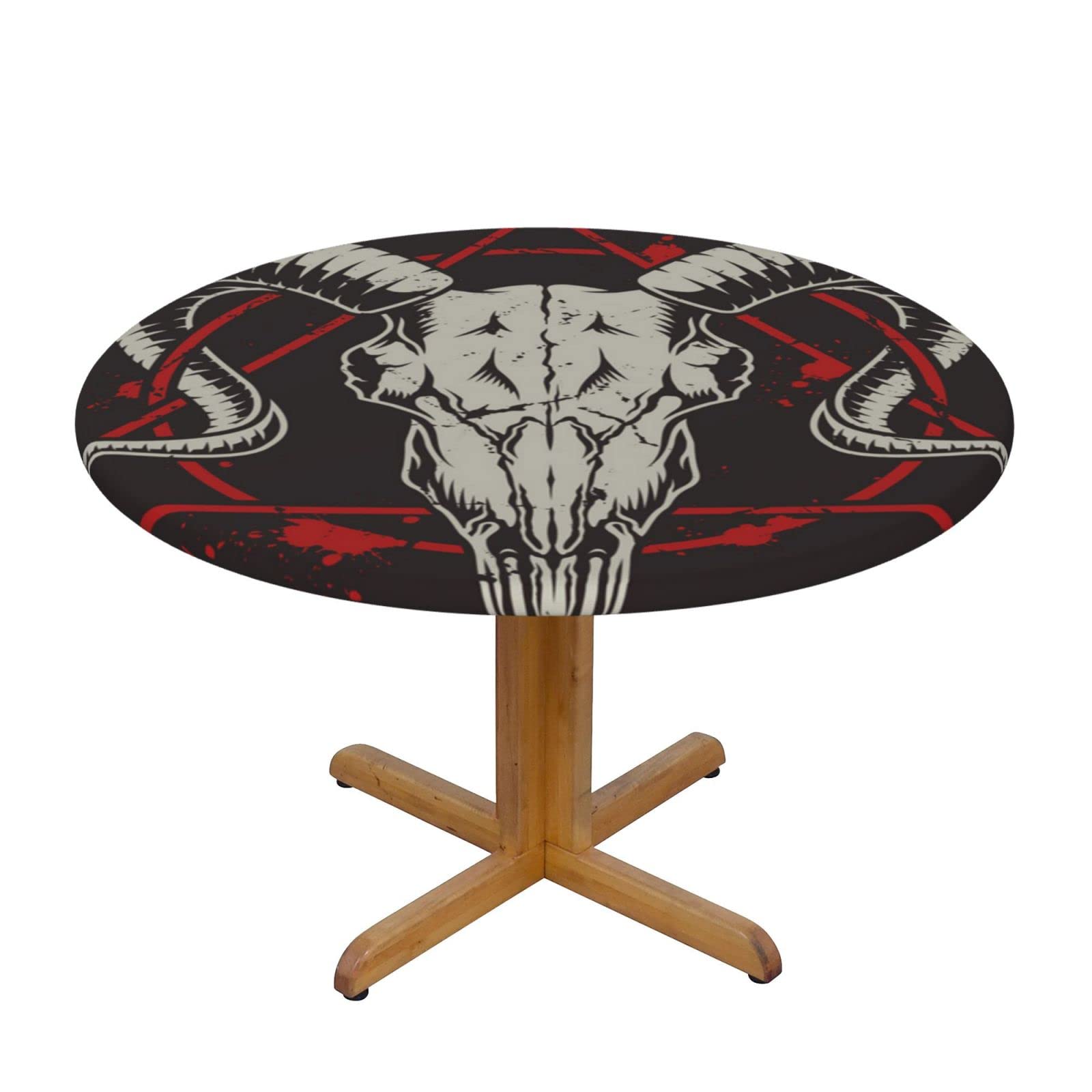 Lsjuee Round Fitted Tablecloth 40-44in Elastic Edged Table Cloth for Kitchen Dining Party Home Decor - Demon Occult Goat Skull Satan Black