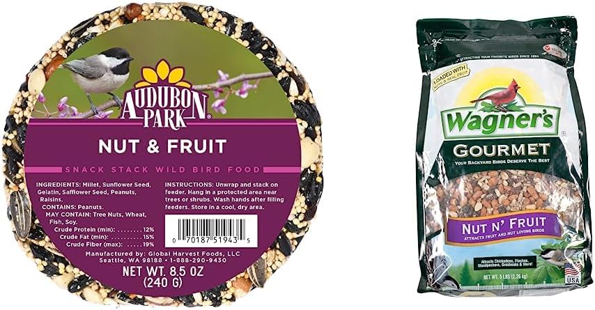 Audubon Park Nut & Fruit Snack Stack Wild Bird Food, Bird Seed Cake for Outside Feeders, 6-Pack & Wagner's 82072 Gourmet Nut & Fruit Wild Bird Food, 5 Pound (Pack of 1)