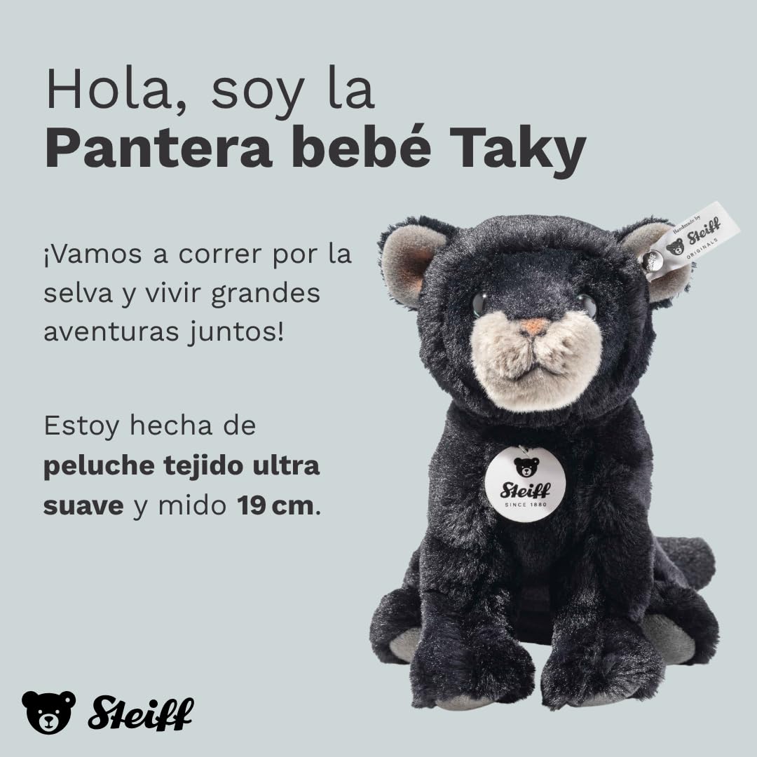 Steiff Peluche Pantera bebé Taky, Peluche Adorable con Ojos de plástico, para niños y niñas, Peluche 19 cm, Negro, 067938