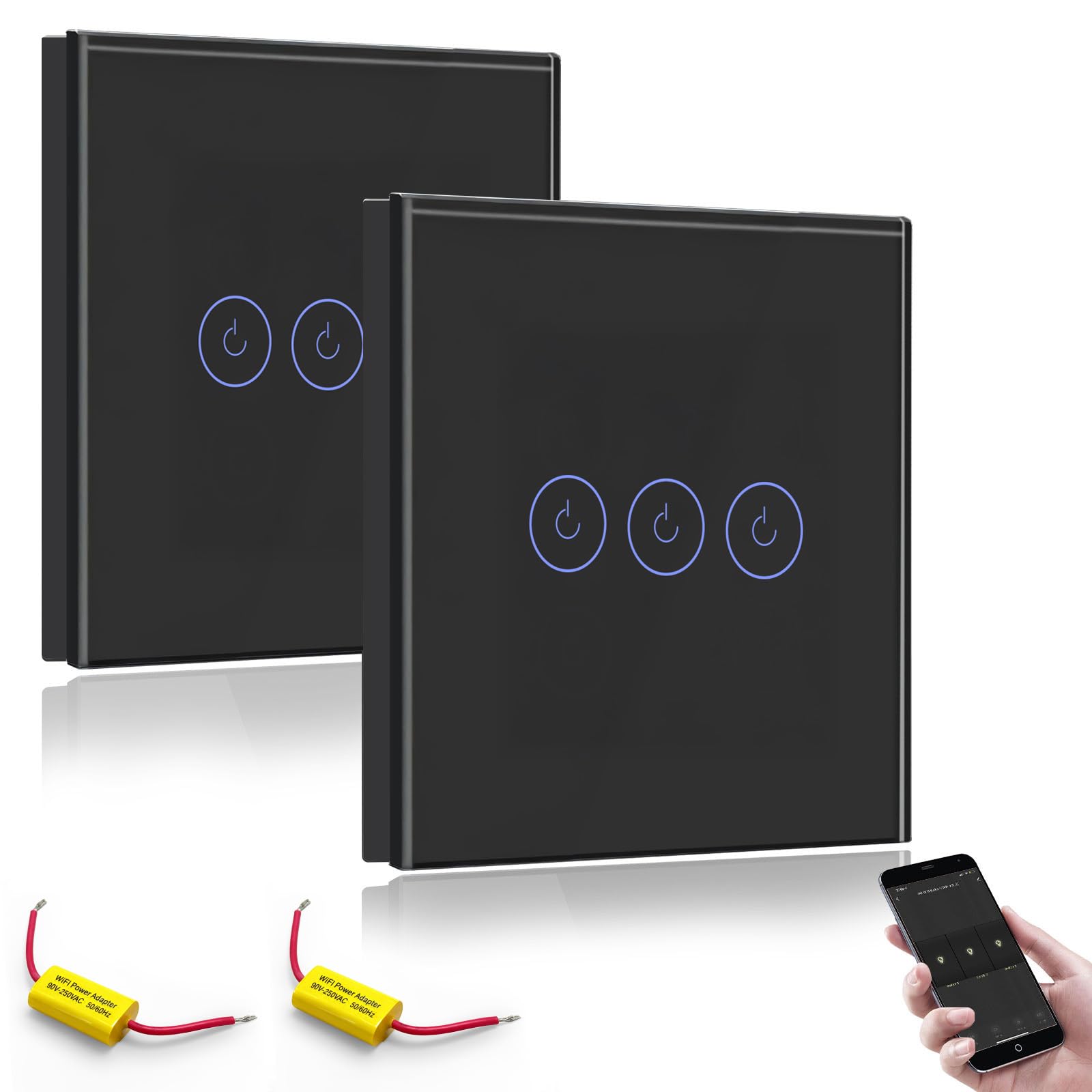 BSEED WiFi Touch Switch Black,3 Gang 2 Way Smart Light Switch Compatible with Alexa and Google Home,with Smart Life Remote Control(No Hub Required)-No Need Neutral Wire-2 pack