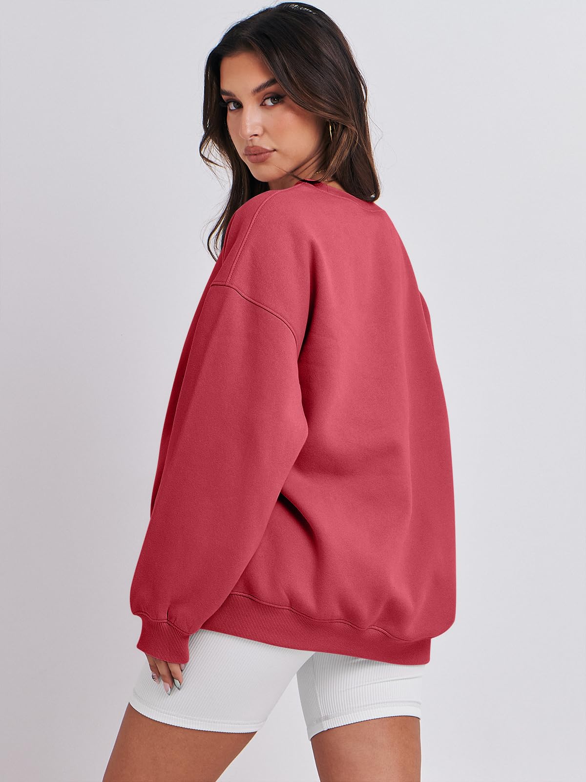 Damskie bluzy oversize bluzy z kapturem polar okrągły dekolt sweter top codzienne jesienne stroje preppy ubrania nastolatki 2024 A1019 światło, Jeden kolor, Peachy_M