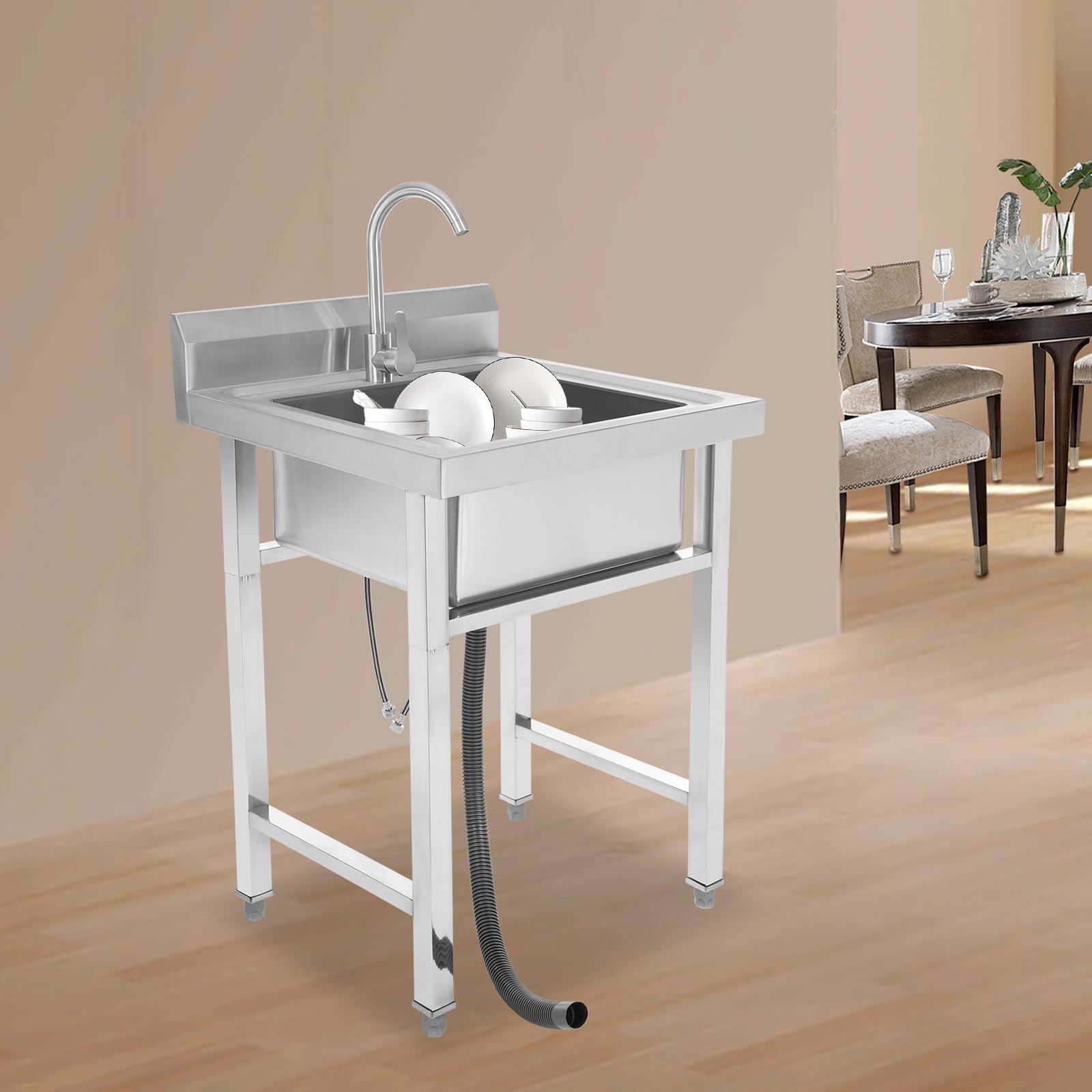 Évier autoportant en acier inoxydable 1 bac évier extérieur avec robinets d'eau froide et chaude et autres accessoires Évier de restaurant commercial pour extérieur intérieur cuisine restaurant 93 x