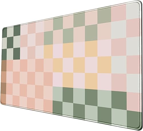 Miniatura 15 de Alfombrilla de escritorio con diseño de cuadros boho beige y rosa XXL, alfombrilla de mouse de estilo retro en tonos pastel con bordes cosidos, A6