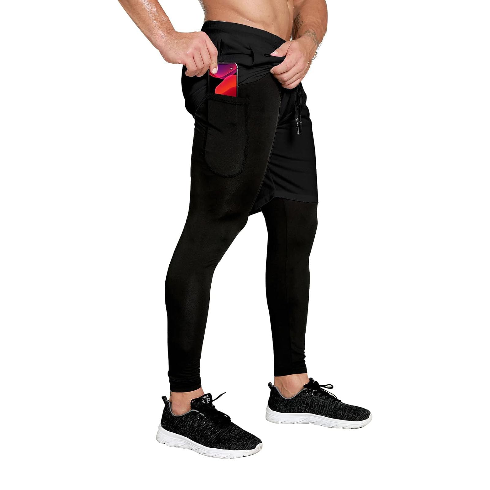HommyFineMen's 2 in 1 Running Pants Long Gym Workout Compression Pants for Men Training Athletic Pants with Phone Pockets Men Jogging Pants