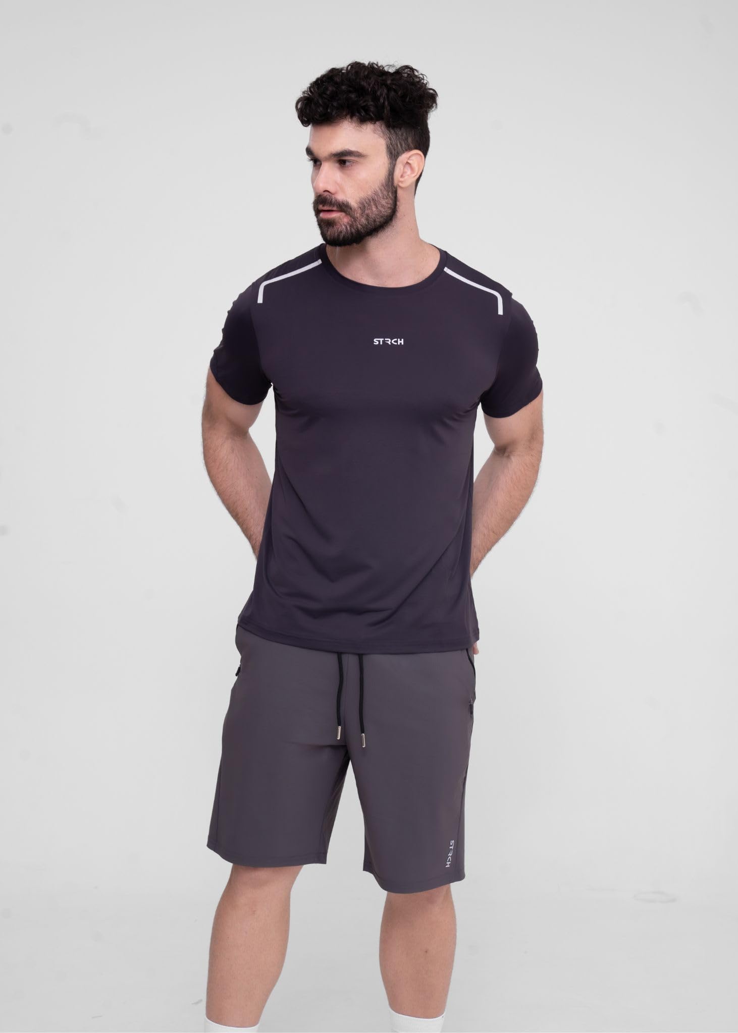 STRCH Men's Sports Shorts | Regular Fit Activewear Shorts | Nylon Stretch Gym, Running & Training | Mid Rise Drawstring Waist | Above Knee Workout Short | Dark Grey 1