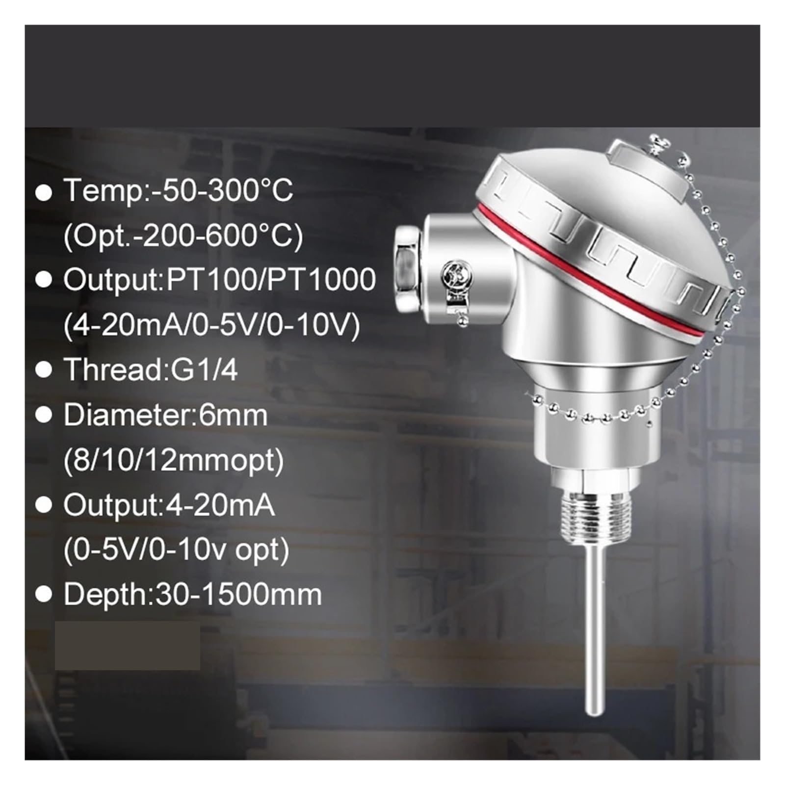 sensor Sensor RTD impermeable PT100 Sonda de temperatura industrial integrada de acero inoxidable con rosca(PT100,400mm)