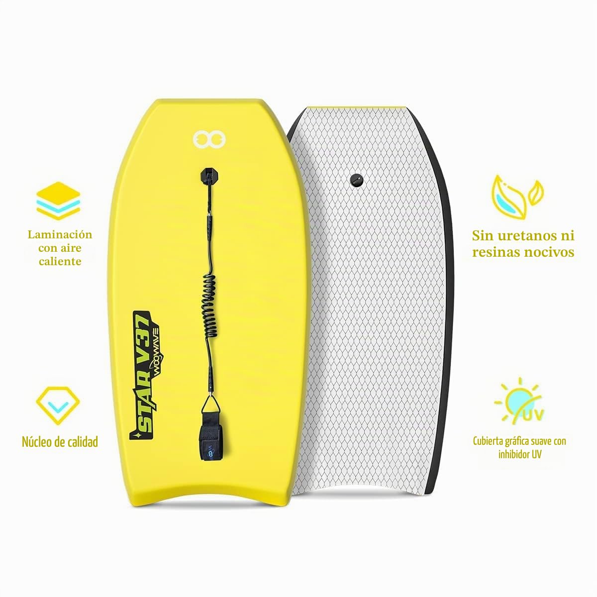 Bodyboard de 83.8 cm/94.0 cm/106.7 cm IXPE Premium con correa de muñeca en espiral, núcleo de EPS súper ligero y parte inferior lisa de HDPE, perfecto para niños y adultos (amarillo, 42