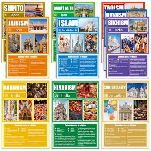 10PCS World Religions Poster Educational Social Studies Learning Tool Classroom Decor Cultural Diversity Laminated Posters for Teacher Middle High School Library Homeschool Wall Art Prints 11" X 15.7"