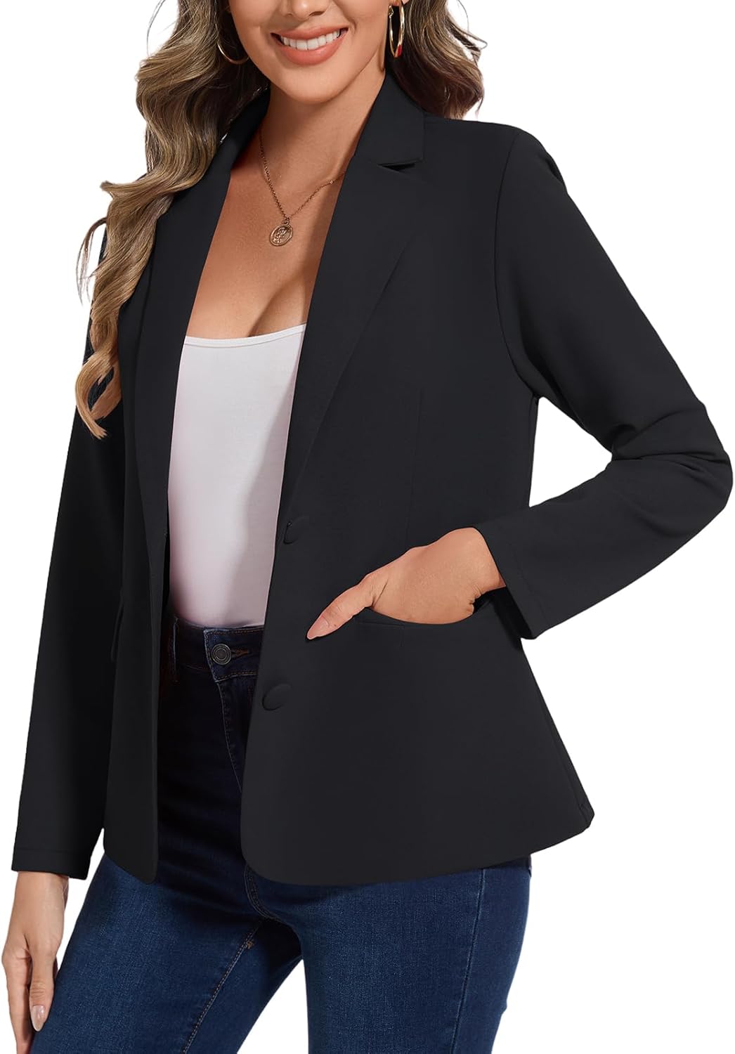 Womens Black Blazer Notched Lapel Two Button Suit Jackets Long Sleeve Lightweight Pocketed Blazers for Bussiness Casual,Black,L - Image 2