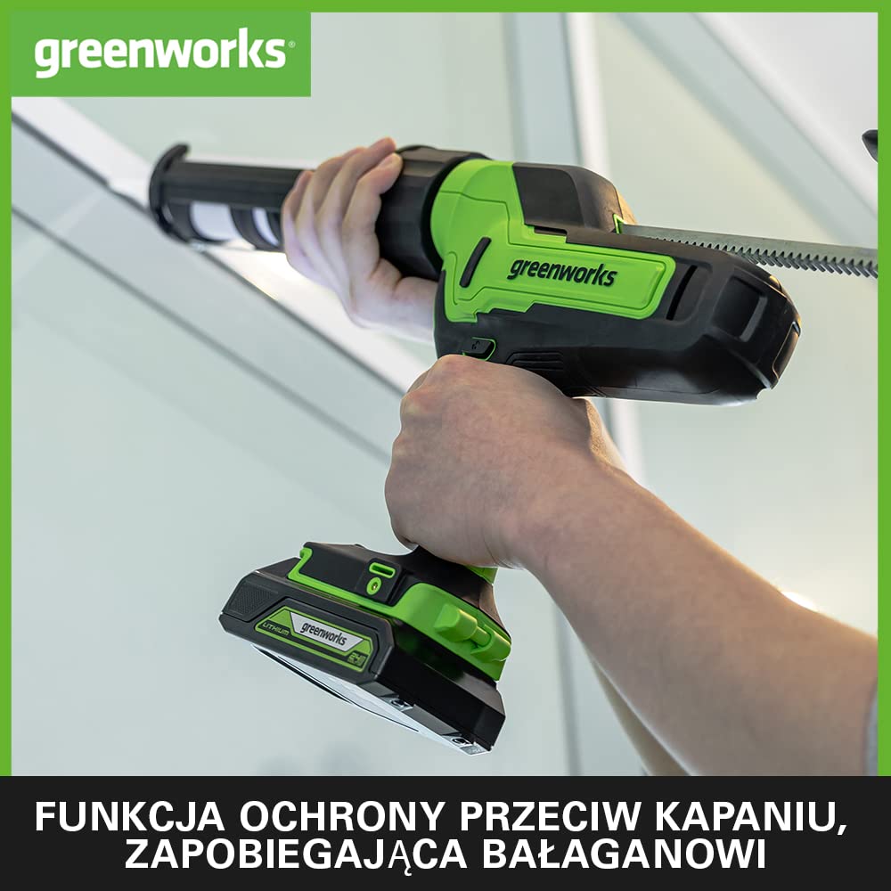 Greenworks G24CG Elektryczny Pistolet do Silikonu, Siła 2900N, 6 Prędkości, Zapobiega Kapaniu, BEZ Baterii i Ładowarki 24V