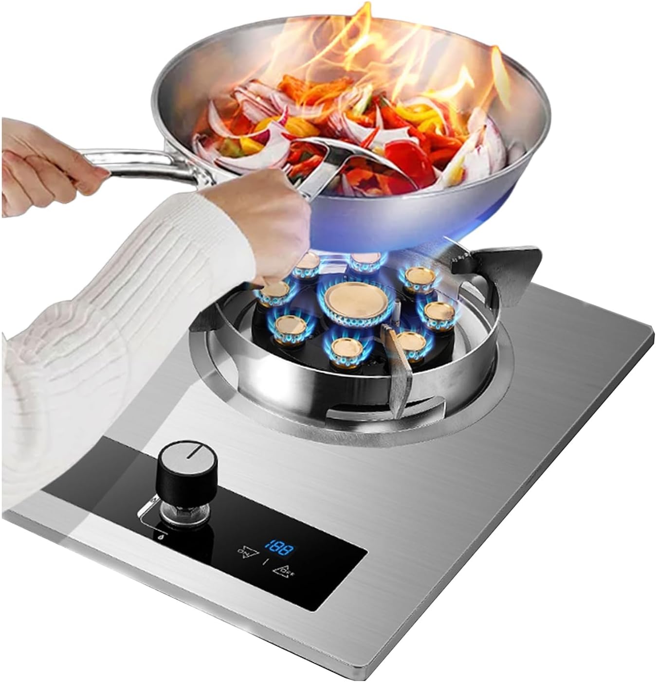 Gas Stove 43cm,Stainless Steel Cooker,5.0KW Nine-cavity High-fire Timer,Gas/LP Conversion,with Flameout Protection,for Home Kitchen(LPG)