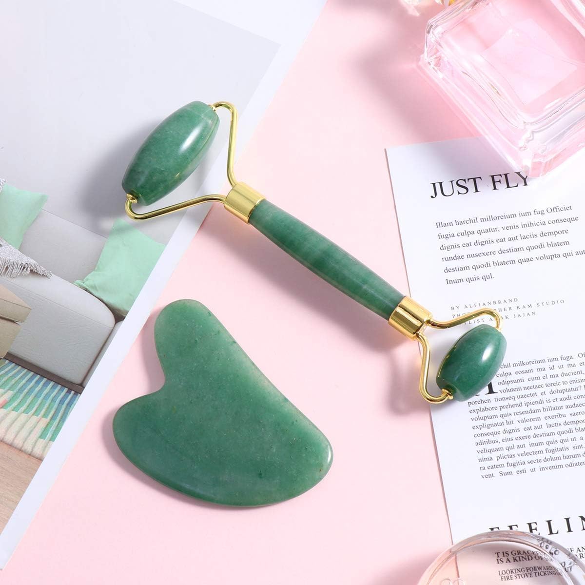 Conjunto Completo de Massagem Facial, Rolo de Jade, Gua Sha, Pedras Naturais, Antirrugas,