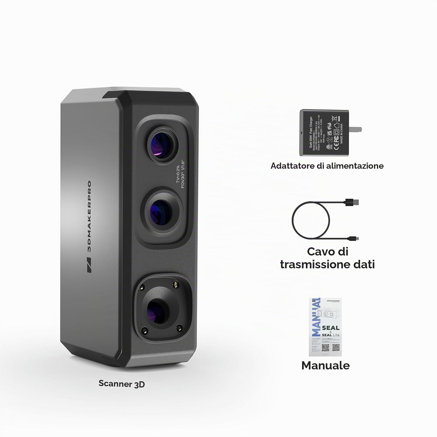 Scanner 3D per stampanti 3D con velocità di scansione rapida di 10 FPS con lente anti-tremore e precisione di 0,02 mm su Windows/MacOS, 3DMakerpro Scanner 3D Seal Lite [Kit standard]