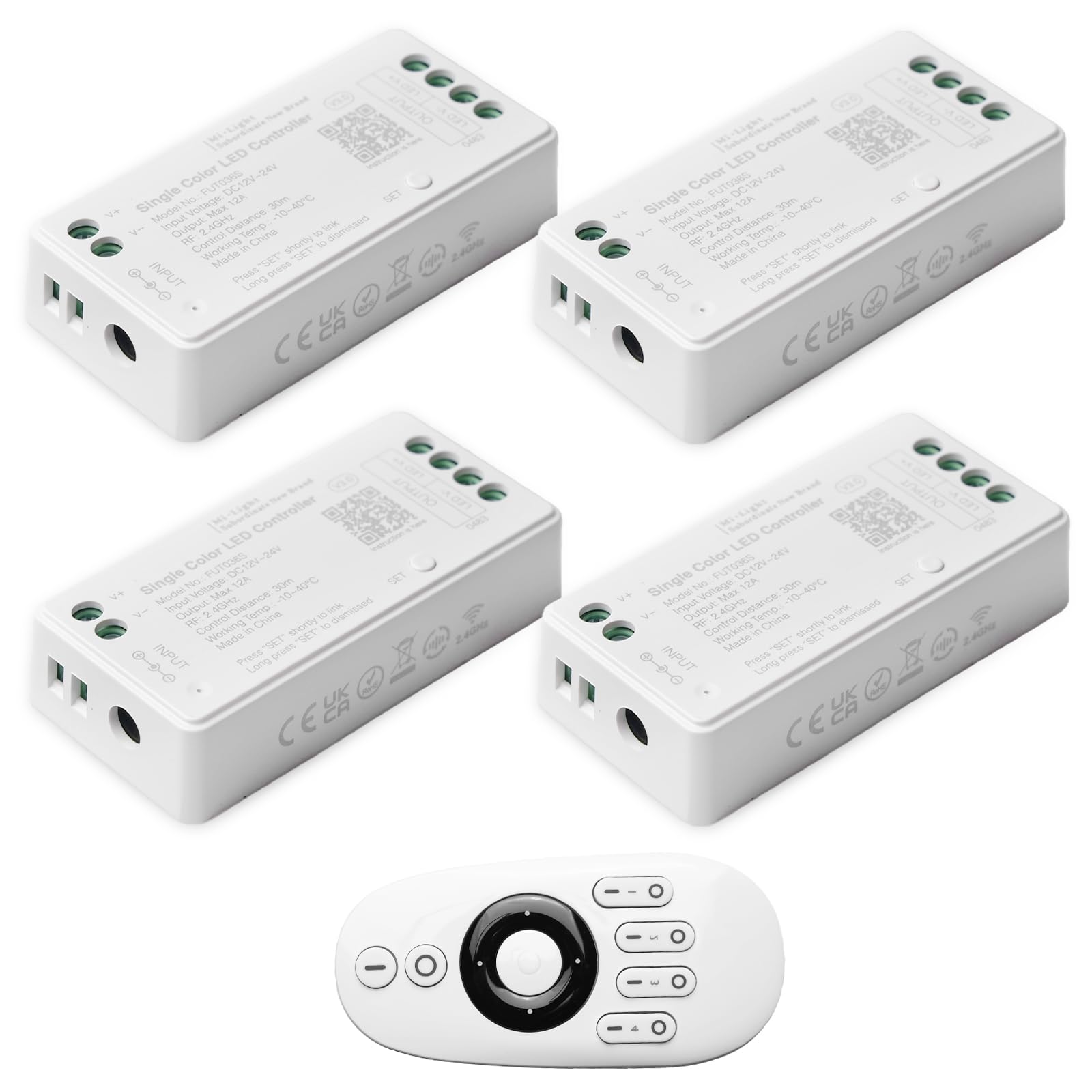 GBKDQQ Kit telecomando Milight Miboxer: 4 x 2,4 GHz, dimmer a tinta unita LED con 1 telecomando wireless RF a 4 zone, uscita DC12 V/24 V, max. 12 A (4 x FUT036S + FUT007)