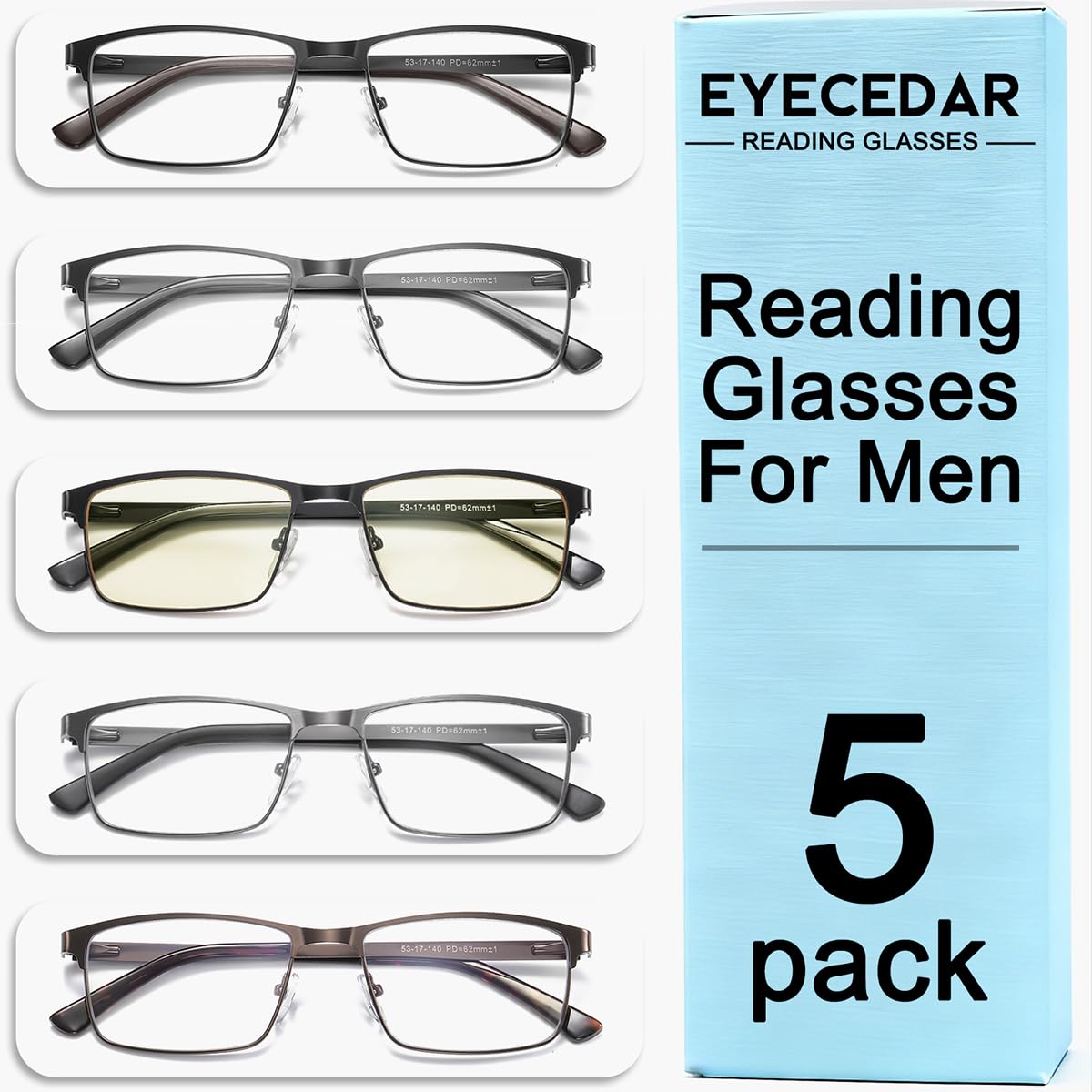Amcedar 5-pack occhiali da lettura Uomo Cornice Rettangolare Stile Acciaio Inossidabile Materiale Metallo Primavera Cerniere Compresi Computer Occhiali da Lettura +3.00